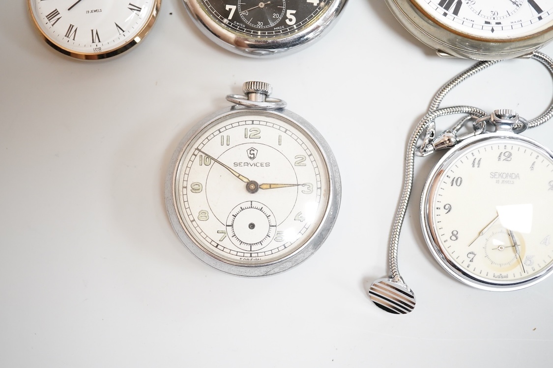 Eight assorted base metal pocket watches including 8 days, case diameter 65mm, a chrome cased Leonidas military, Ingersoll, Sekonda etc.